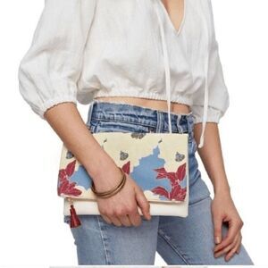 RACHEL Pally Woman's Clutch Purse Fold Over Cream Floral Zip Faux Leather Canvas